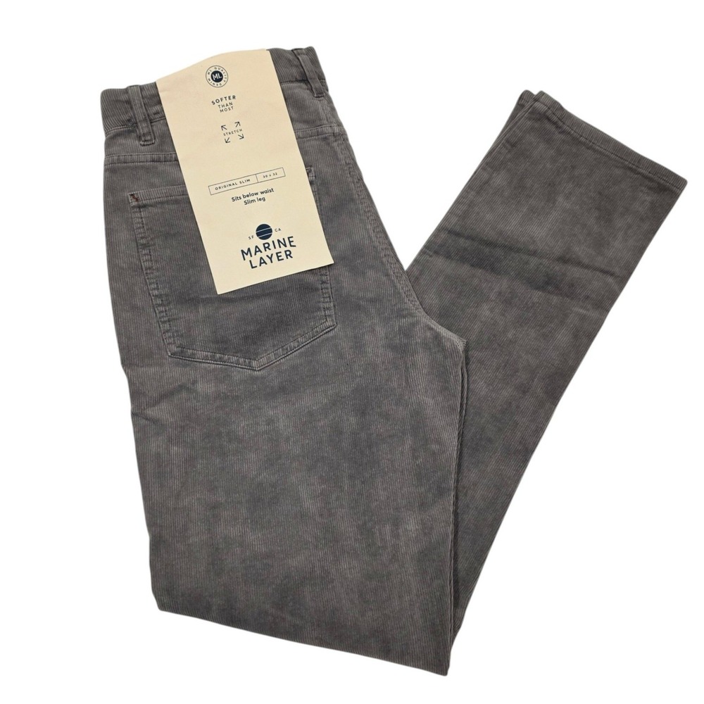 Marine Layer Mens Original Slim Corduroy Pants Grey Stretch 30x32